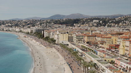 Nice, France - March 15, 2023: Panoramic View Promenade Des Anglais and a coastline in Niceのeditorial素材