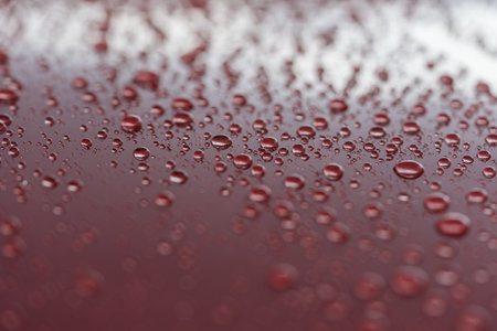 Rain droplets on red sports car surface with hydrophobic treatmentの写真素材