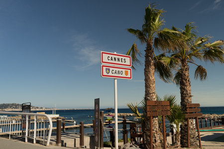 Cannes, France - March 11, 2023: Cannes road sign near Port Abri Du Bealのeditorial素材