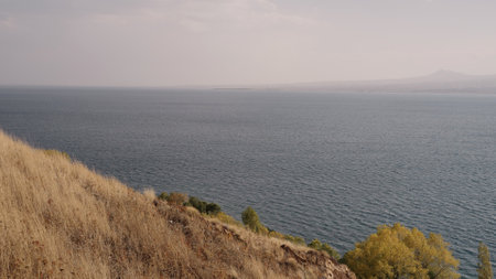 Sevan lake in October on a hazy day
