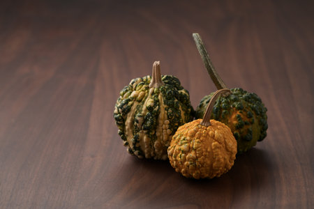decorative pumpkins on walnut wood tableの写真素材