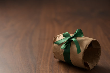 Brown paper gift with green ribbon on walnut wood table with copy spaceの写真素材