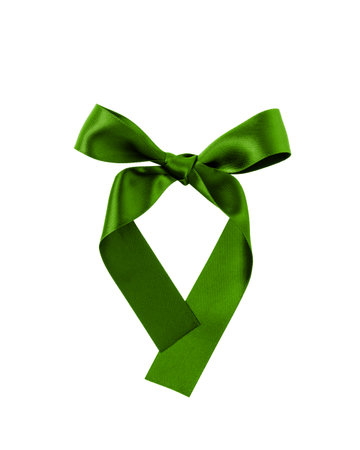 Satin ribbon bow green color isolated on white backgroundの写真素材