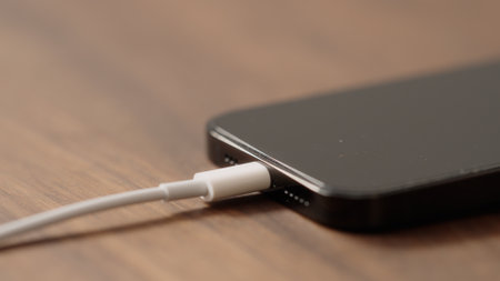 Saint-Petersburg, Russia- Circa December, 2022: incerting charging cable to black Iphone 14 pro