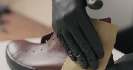 Man cleaning brown leather sneakers closeup