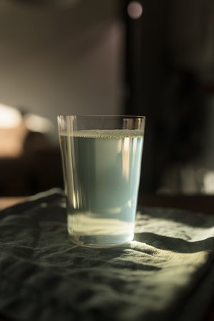 Glass of tonic water on linen napkin indoorの写真素材