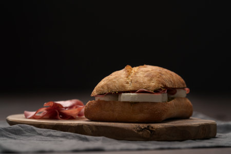 Sandwich with bresaola, mozzarella and pest on olive boardの写真素材