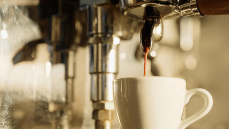 preparing morning espresso with bright sun lightの写真素材