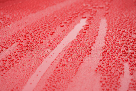 Closeup waterdrops on red ceramic coated paint surfaceの写真素材