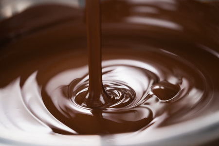 melting dark chocolate in steel bowlの写真素材