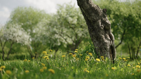 Low angle photo of apple garden with copy space in summerの写真素材