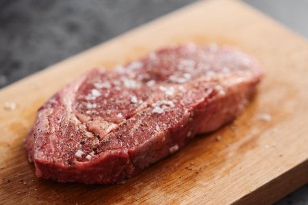 Raw ribeye steak spiced and ready to cook on oak boardの写真素材