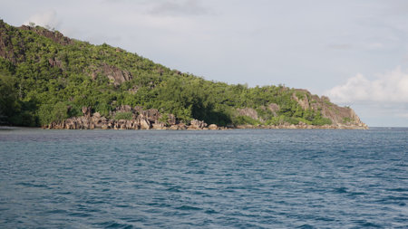 View from boat of Seychelles Curieuse island in Januaryの写真素材