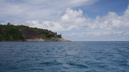 View from boat of Seychelles Curieuse island in Januaryの写真素材