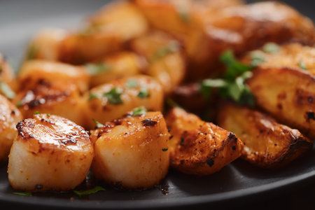 Seared scallops with roasted potatoes on black plate closeupの写真素材
