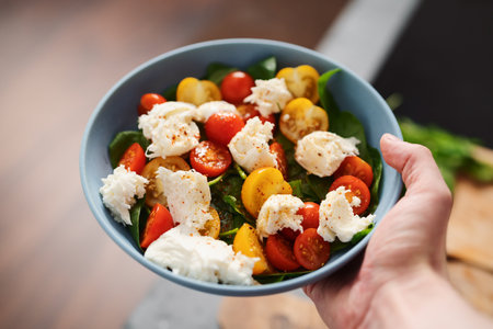 amn hand hold salad with red and yellow cherry tomatoes , mozzarella and spinach in blue bowlの写真素材