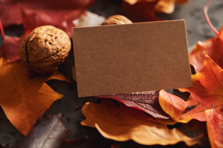 Autumn theme background with leaves over concrete with brown paper card