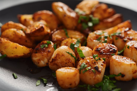 roasted scallops with baked potatoes wedges on a black plate