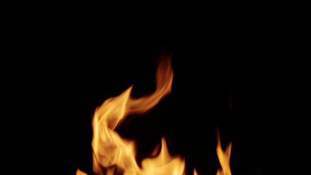 fire flames of campfire over black background, for overlay