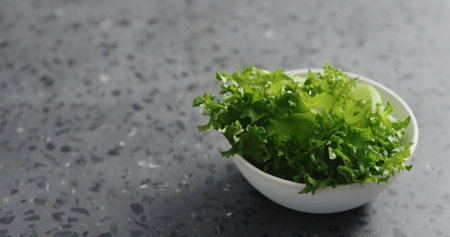 frisee leaves in white bowl on terrazzo surfaceの写真素材