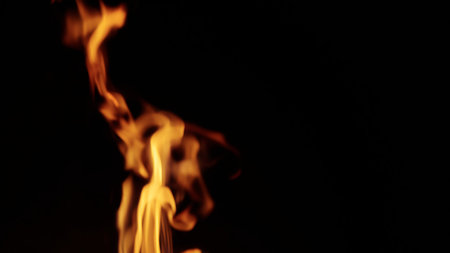 fire flames of campfire over black background, for overlayの写真素材