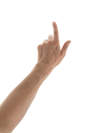 Adult young man hand pointing or using touch interface isolated on whiteの写真素材