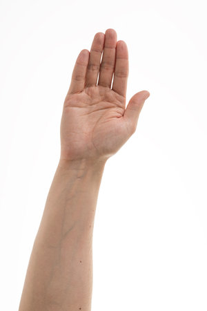 Adult young man hand hold something isolated on white top viewの写真素材