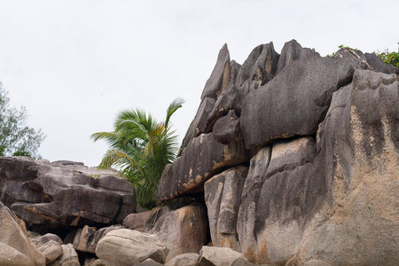 Big rock formation on a beach, Seychellesの写真素材