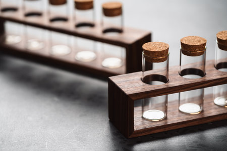 empty walnut holder with glass tubes for spices on concrete surfaceの写真素材