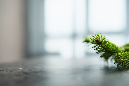 Fresh green spruce twig on terrazzo countertop with copy space