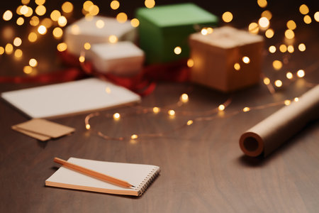 White paper notepad with pencil on wood table with christmas decorationsの写真素材