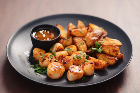 Seared scallops fith roasted potatoes on black plate closeupの写真素材