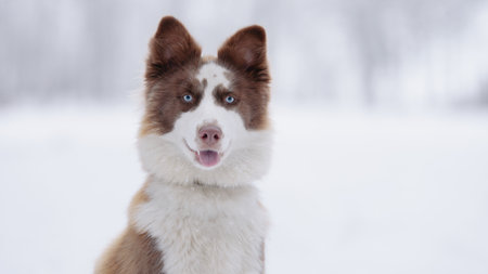 Closeup portrait of siberian laika in ginger color in winter