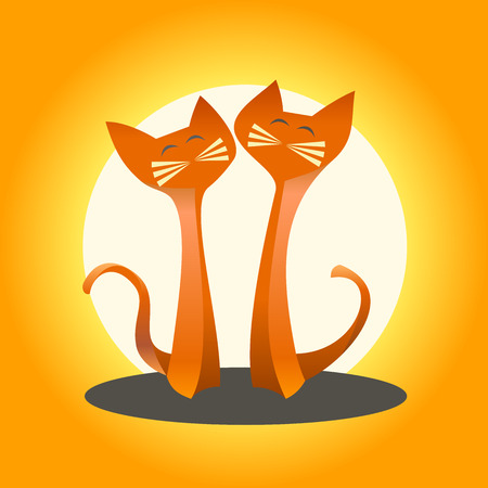 vector silhouettes of cats in love on an orange backgroundのイラスト素材