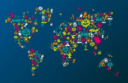 world map consisting of monsters in different colorsのイラスト素材