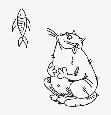 Cat who wants to eat a tasty fish vector drawn curve.のイラスト素材