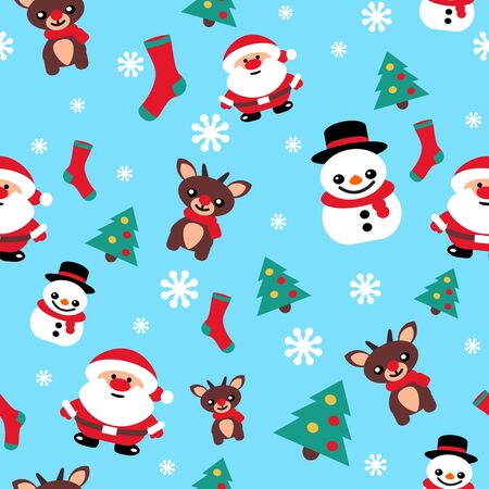 pattern seamless texture with a snowman Christmas reindeer and Santa blueの写真素材