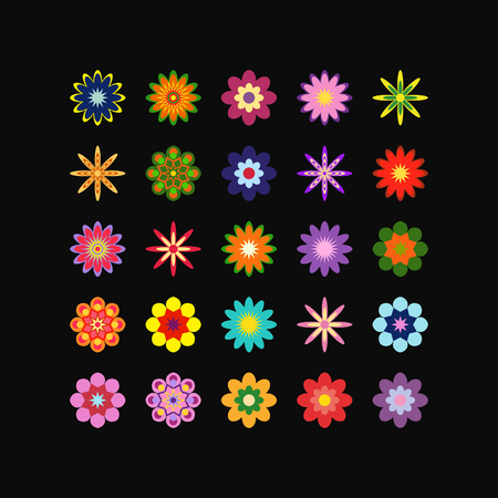 large set of different flowers of different colors on blackのイラスト素材
