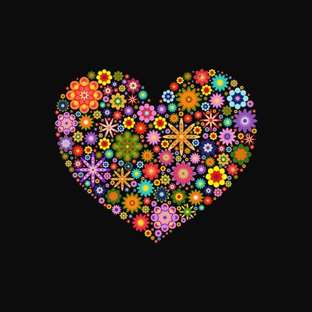 Heart laid out various flowers of different colors on blackのイラスト素材