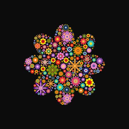 Flower with round petals composed of vector flowers on blackのイラスト素材