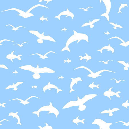 pattern seamless blue background seagulls dolphins and fish marine themeのイラスト素材