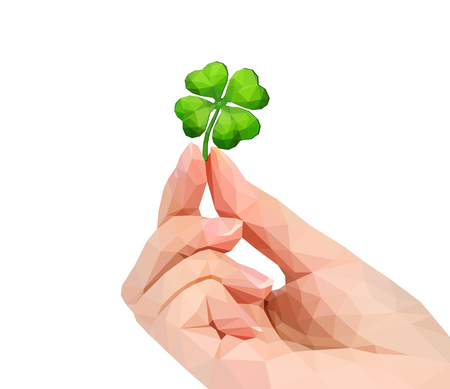 polygonal hand studio photo keeps four-leafed clover luck leprechaun in the fingersのイラスト素材