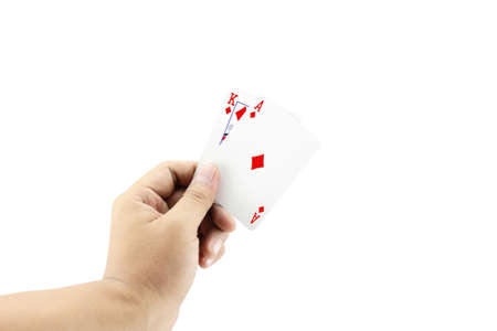 Black Jack two card of diamond in playing cards game in the hand on a white background ,focused on cardsの写真素材