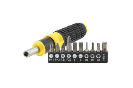 Screwdriver with different sizes for ease of use. Used with a yellow and black handle. isolate on...