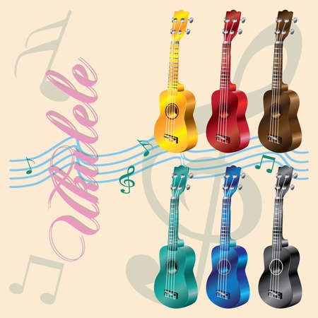 Colorful ukulele  on musical notes backgroundのイラスト素材