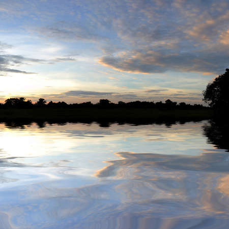 Silhouette of the tree during sunset with colorful sky and beautiful water reflectionの写真素材