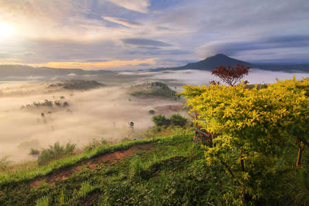 The beauty of the natural and the mist environment during sunrise and sunset at Khao Kho District...