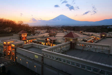 Hakone, Shizuoka, Japan - April 15, 2016 Beautiful scenery during sunset time of Mountain Fuji view point at Gotemba Premium Outlets , Shizuoka in Japan. Travel and Attraction Concept.のeditorial素材