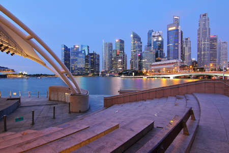 Singapore - July 31, 2017: Singapore cityscape during twilight of Marina Bay from Esplanade is famous landmark and very popular for photographers and tourists of Singapore cityのeditorial素材