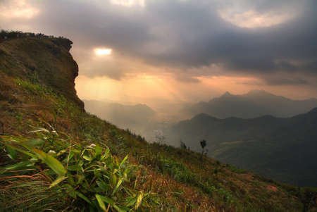 Beautiful scenery during sunrise time of PHU CHEEFA national park at Chiang Rai province in Thailand is a very popular for photographers and tourists.Attractions and natural Conceptの写真素材